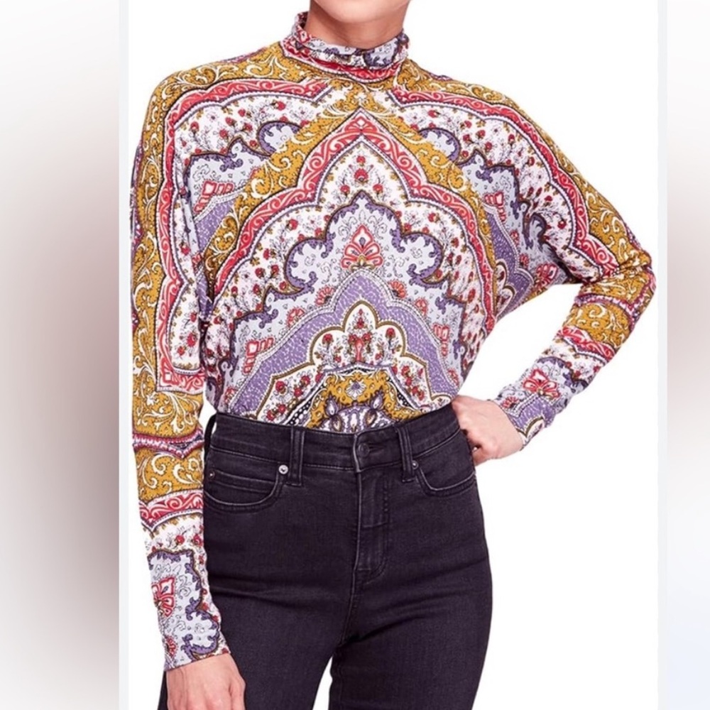 Free People Chase Me Paisley Mock Neck Top